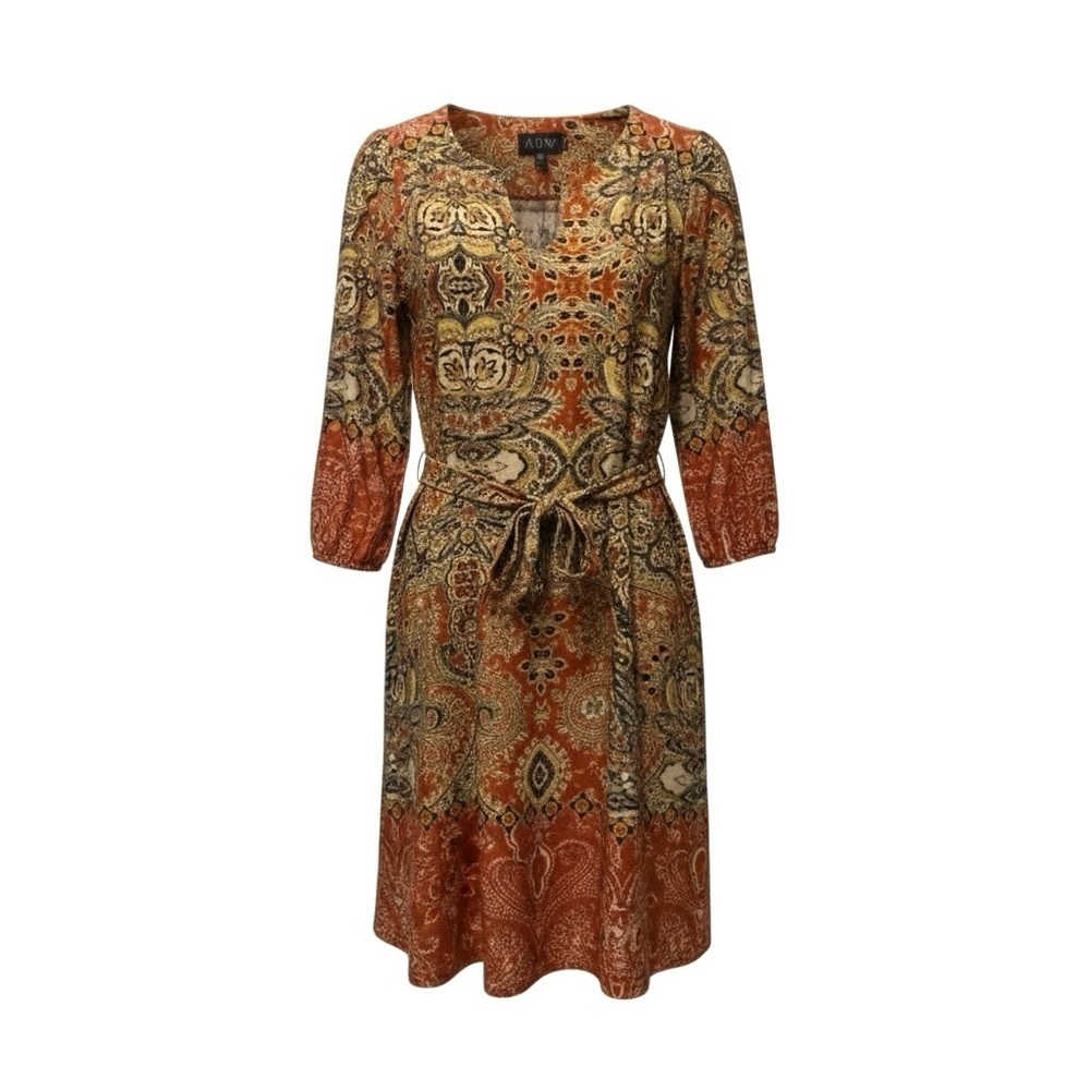 AUW Paisley Boho Dress Size 6 Rust Multicolor 3/4 Sleeve Tie Waist Midi